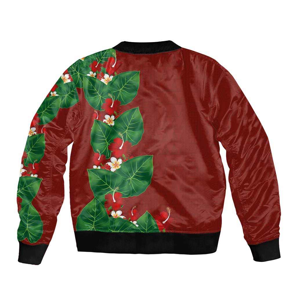 Hawaiian Taro Leaves-Hibiscus and Plumeria Bomber Jacket Polynesian Art-Kakau Tattoo Red