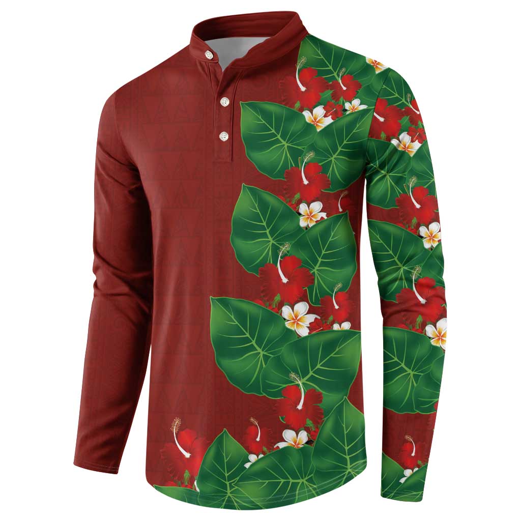 Hawaiian Taro Leaves-Hibiscus and Plumeria Button Sweatshirt Polynesian Art-Kakau Tattoo Red