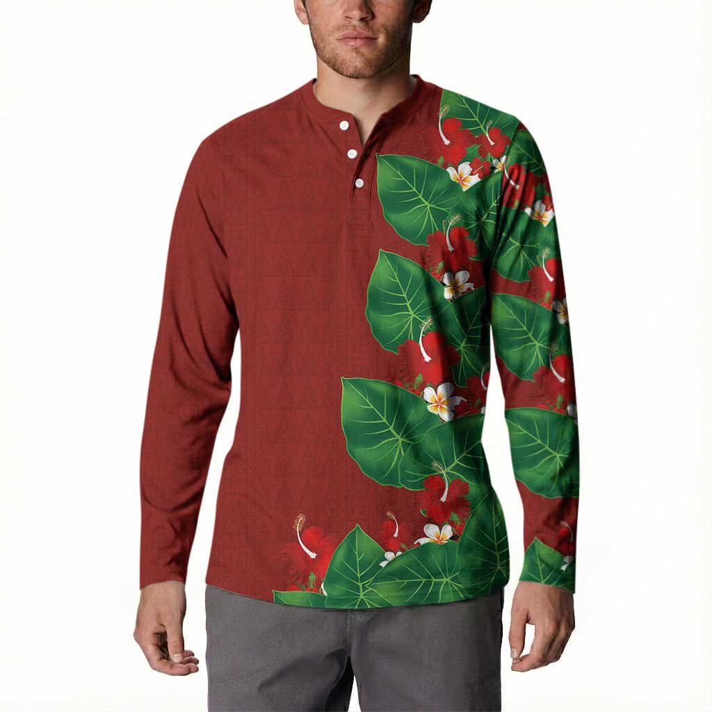 Hawaiian Taro Leaves-Hibiscus and Plumeria Button Sweatshirt Polynesian Art-Kakau Tattoo Red