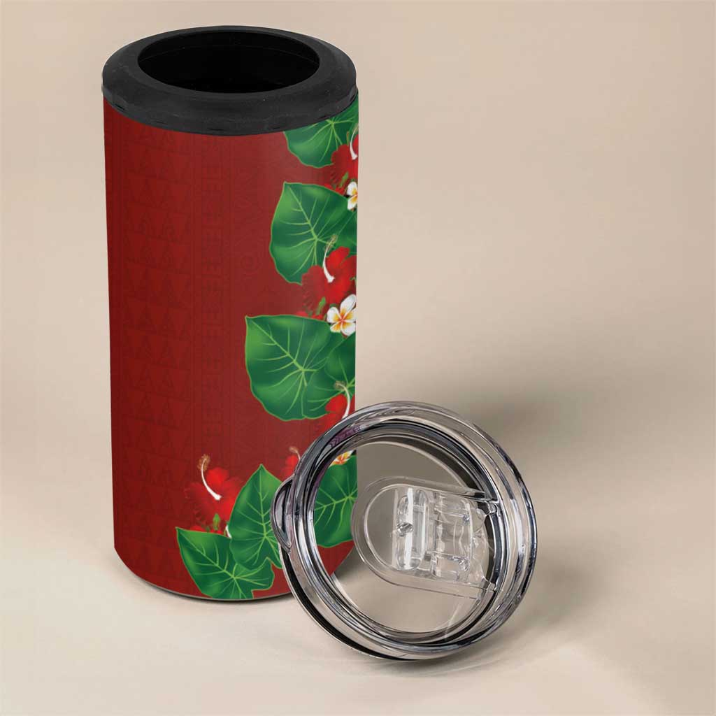Hawaiian Taro Leaves-Hibiscus and Plumeria 4 in 1 Can Cooler Tumbler Polynesian Art-Kakau Tattoo Red LT03 - Polynesian Pride