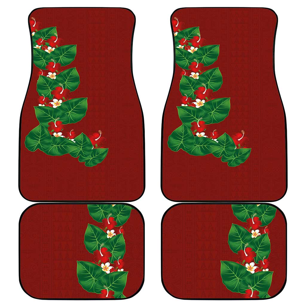 Hawaiian Taro Leaves-Hibiscus and Plumeria Car Mats Polynesian Art-Kakau Tattoo Red
