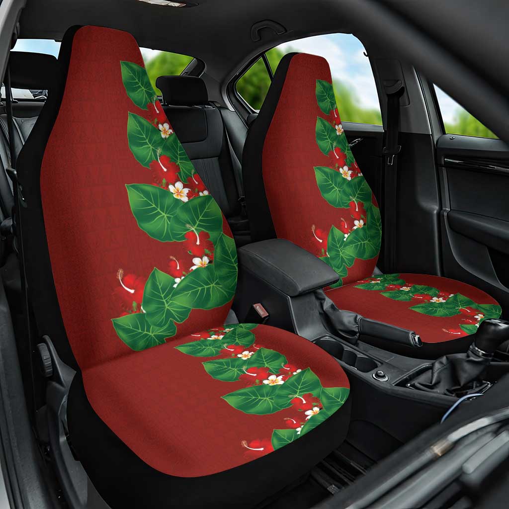 Hawaiian Taro Leaves-Hibiscus and Plumeria Car Seat Cover Polynesian Art-Kakau Tattoo Red