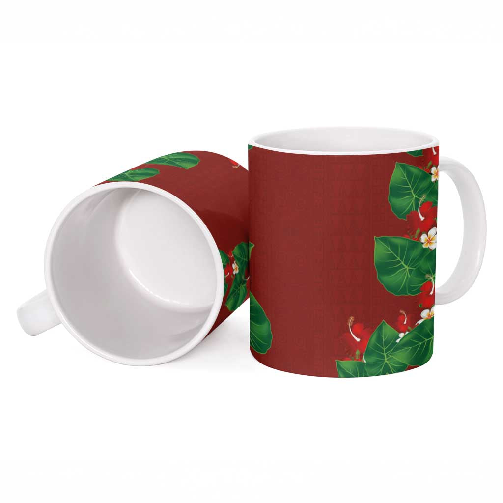 Hawaiian Taro Leaves-Hibiscus and Plumeria Ceramic Mug Polynesian Art-Kakau Tattoo Red
