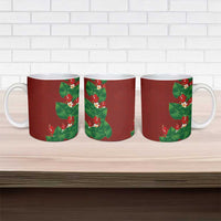 Hawaiian Taro Leaves-Hibiscus and Plumeria Ceramic Mug Polynesian Art-Kakau Tattoo Red