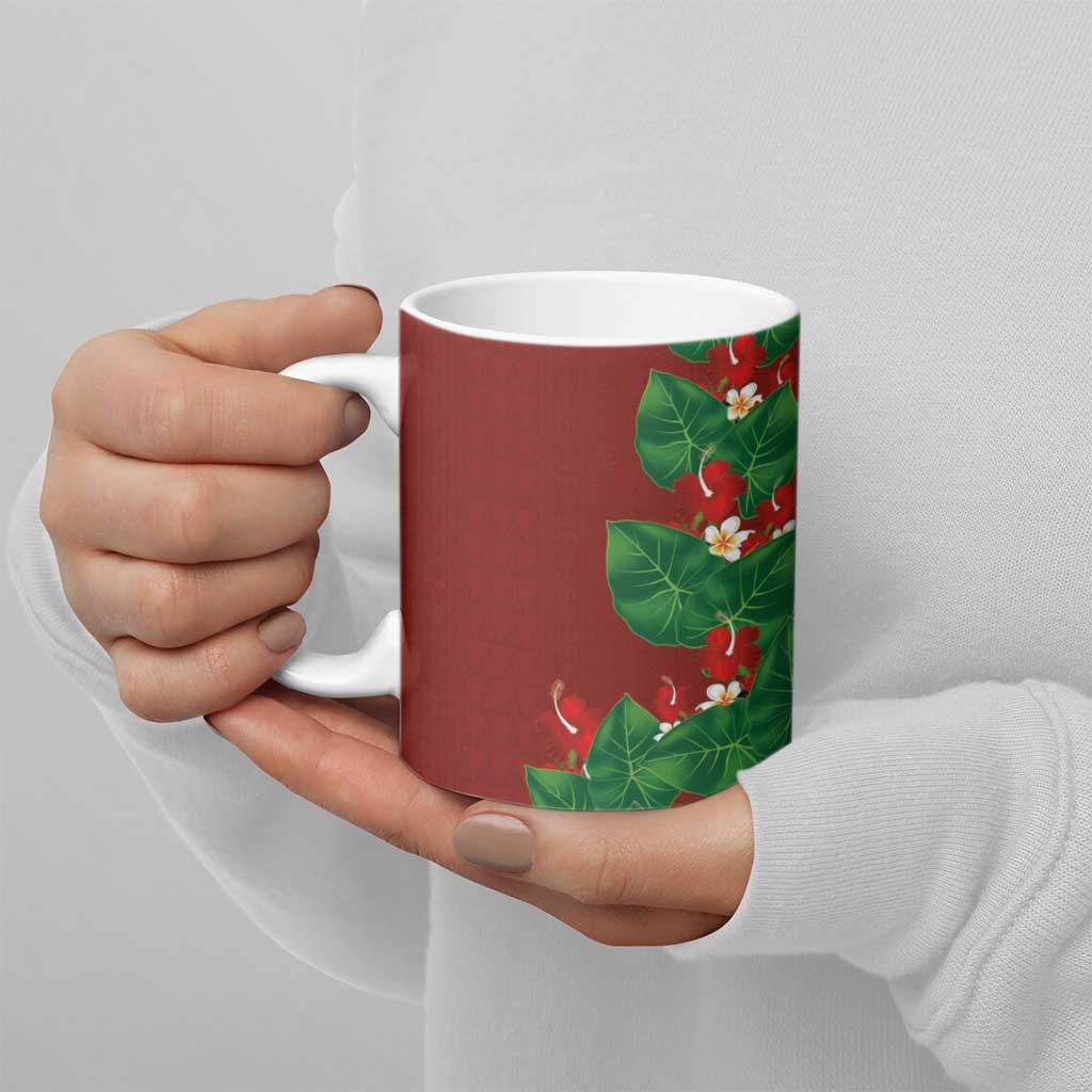 Hawaiian Taro Leaves-Hibiscus and Plumeria Ceramic Mug Polynesian Art-Kakau Tattoo Red