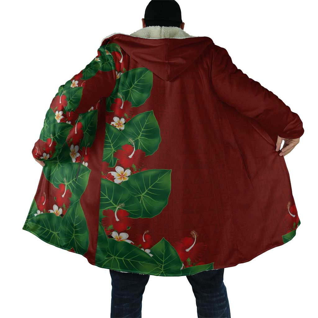 Hawaiian Taro Leaves-Hibiscus and Plumeria Cloak Polynesian Art-Kakau Tattoo Red