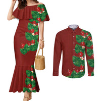 Hawaiian Taro Leaves-Hibiscus and Plumeria Couples Matching Mermaid Dress and Long Sleeve Button Shirt Polynesian Art-Kakau Tattoo Red LT03 Red - Polynesian Pride