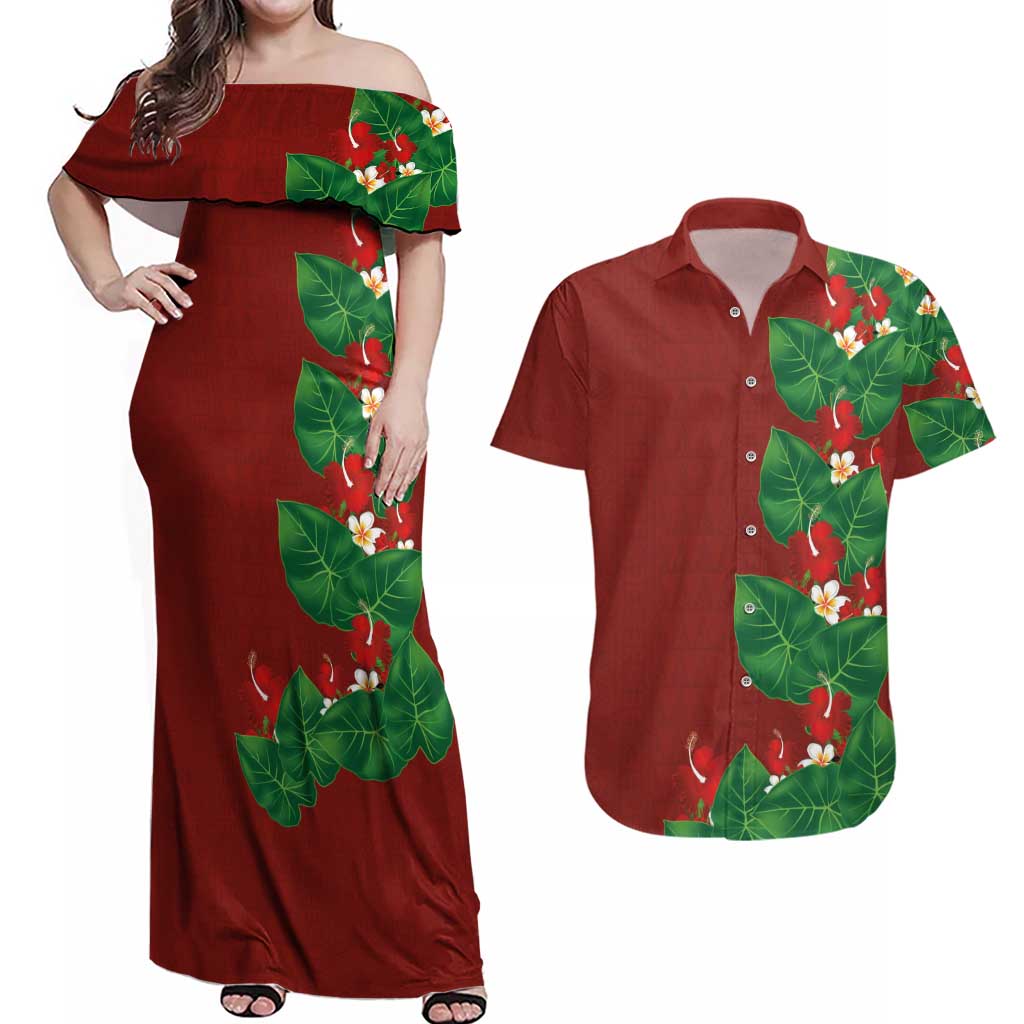 Hawaiian Taro Leaves-Hibiscus and Plumeria Couples Matching Off Shoulder Maxi Dress and Hawaiian Shirt Polynesian Art-Kakau Tattoo Red LT03 Red - Polynesian Pride