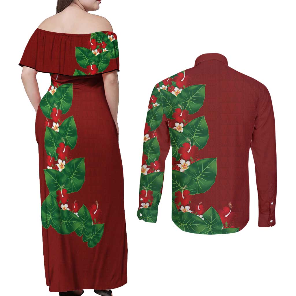 Hawaiian Taro Leaves-Hibiscus and Plumeria Couples Matching Off Shoulder Maxi Dress and Long Sleeve Button Shirt Polynesian Art-Kakau Tattoo Red LT03 - Polynesian Pride