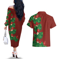 Hawaiian Taro Leaves-Hibiscus and Plumeria Couples Matching Off The Shoulder Long Sleeve Dress and Hawaiian Shirt Polynesian Art-Kakau Tattoo Red LT03 - Polynesian Pride