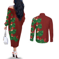 Hawaiian Taro Leaves-Hibiscus and Plumeria Couples Matching Off The Shoulder Long Sleeve Dress and Long Sleeve Button Shirt Polynesian Art-Kakau Tattoo Red LT03 - Polynesian Pride