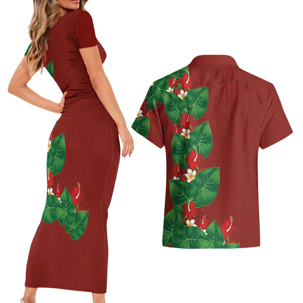 Hawaiian Taro Leaves-Hibiscus and Plumeria Couples Matching Short Sleeve Bodycon Dress and Hawaiian Shirt Polynesian Art-Kakau Tattoo Red LT03 - Polynesian Pride