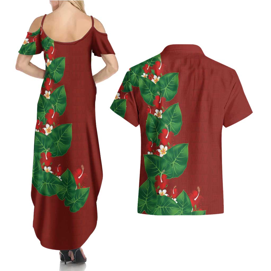 Hawaiian Taro Leaves-Hibiscus and Plumeria Couples Matching Summer Maxi Dress and Hawaiian Shirt Polynesian Art-Kakau Tattoo Red LT03 - Polynesian Pride