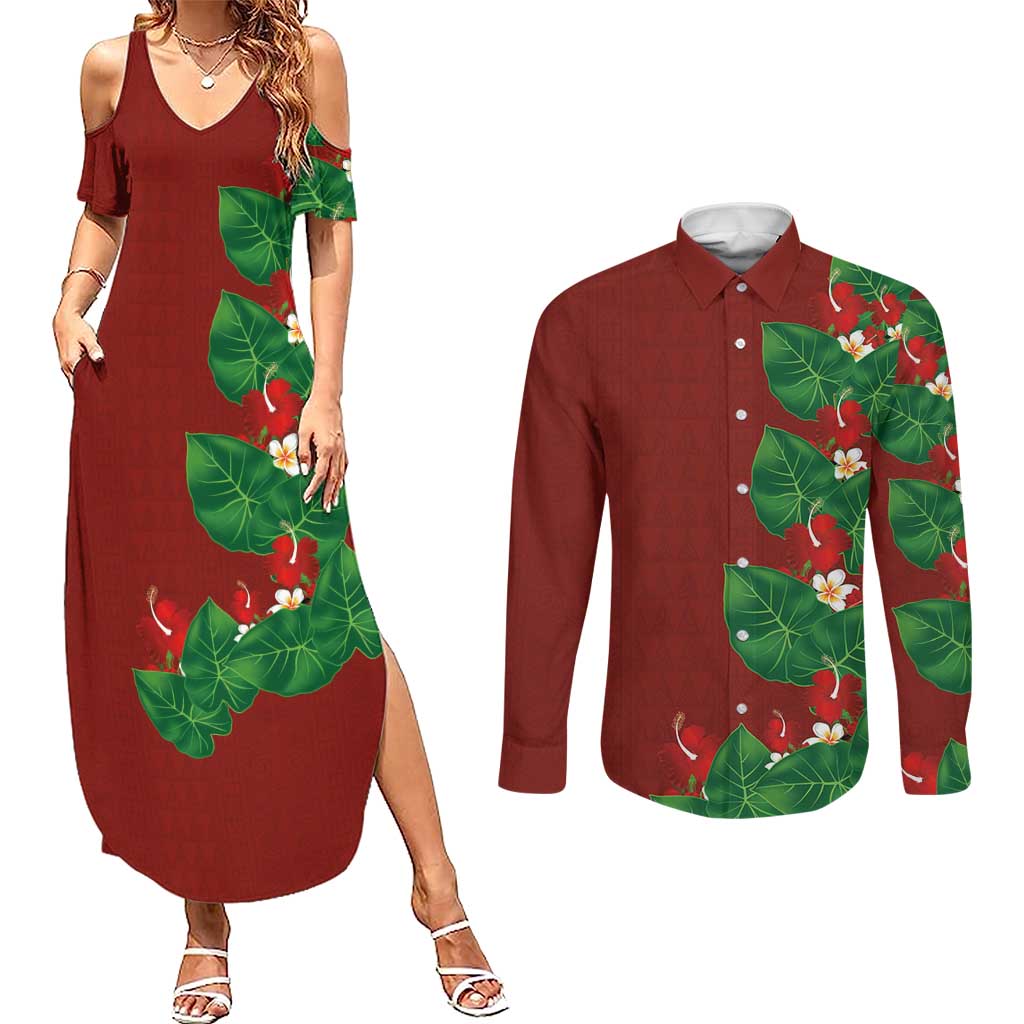 Hawaiian Taro Leaves-Hibiscus and Plumeria Couples Matching Summer Maxi Dress and Long Sleeve Button Shirt Polynesian Art-Kakau Tattoo Red LT03 Red - Polynesian Pride