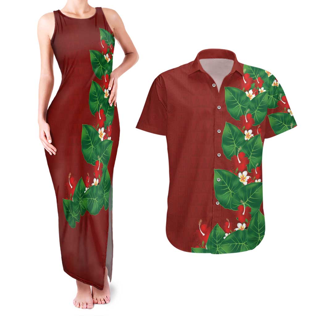 Hawaiian Taro Leaves-Hibiscus and Plumeria Couples Matching Tank Maxi Dress and Hawaiian Shirt Polynesian Art-Kakau Tattoo Red LT03 Red - Polynesian Pride