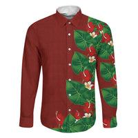 Hawaiian Taro Leaves-Hibiscus and Plumeria Family Matching Off Shoulder Maxi Dress and Hawaiian Shirt Polynesian Art-Kakau Tattoo Red LT03 Dad's Shirt - Long Sleeve Red - Polynesian Pride
