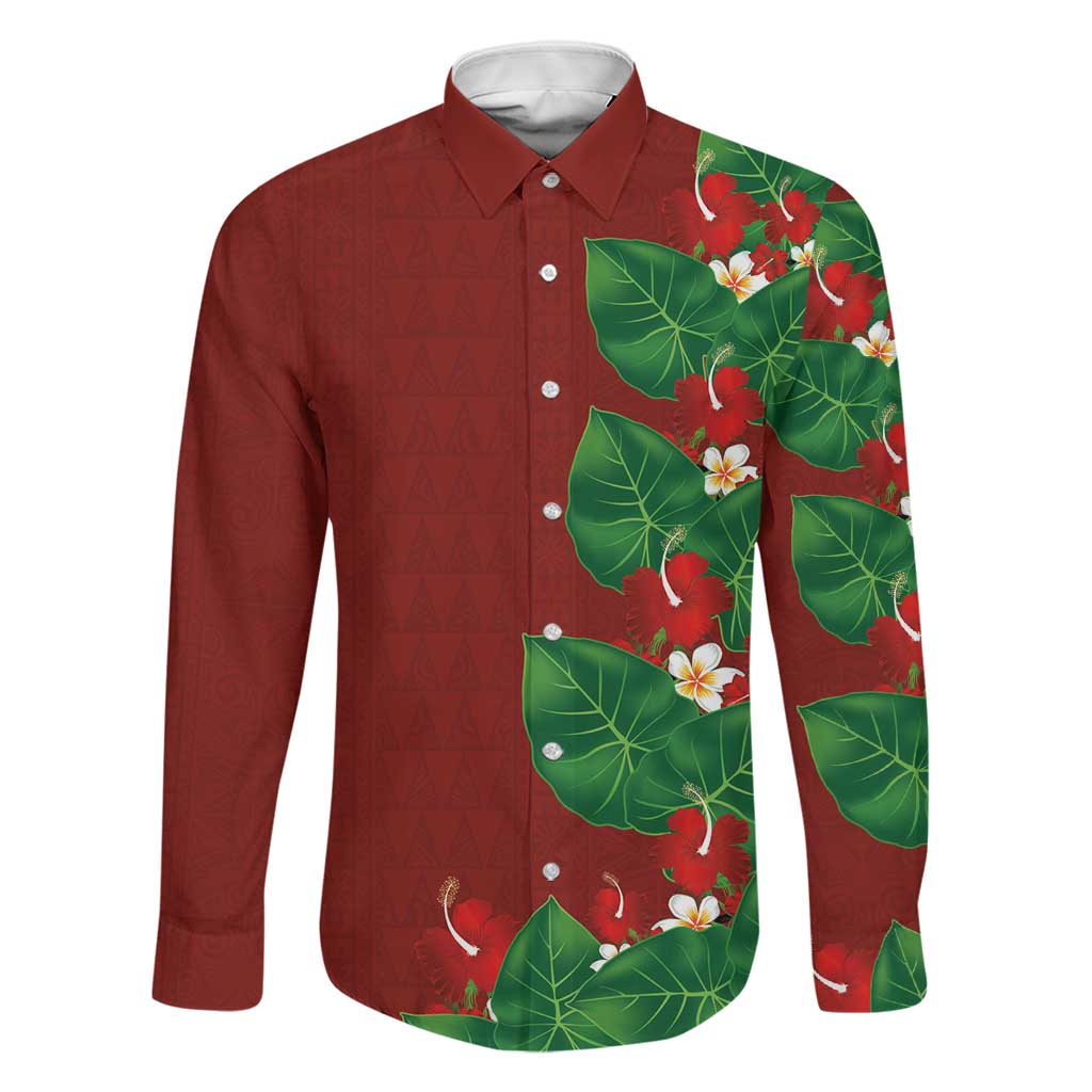 Hawaiian Taro Leaves-Hibiscus and Plumeria Family Matching Puletasi and Hawaiian Shirt Polynesian Art-Kakau Tattoo Red LT03 Dad's Shirt - Long Sleeve Red - Polynesian Pride