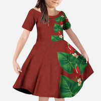 Hawaiian Taro Leaves-Hibiscus and Plumeria Family Matching Summer Maxi Dress and Hawaiian Shirt Polynesian Art-Kakau Tattoo Red LT03 Daughter's Dress Red - Polynesian Pride