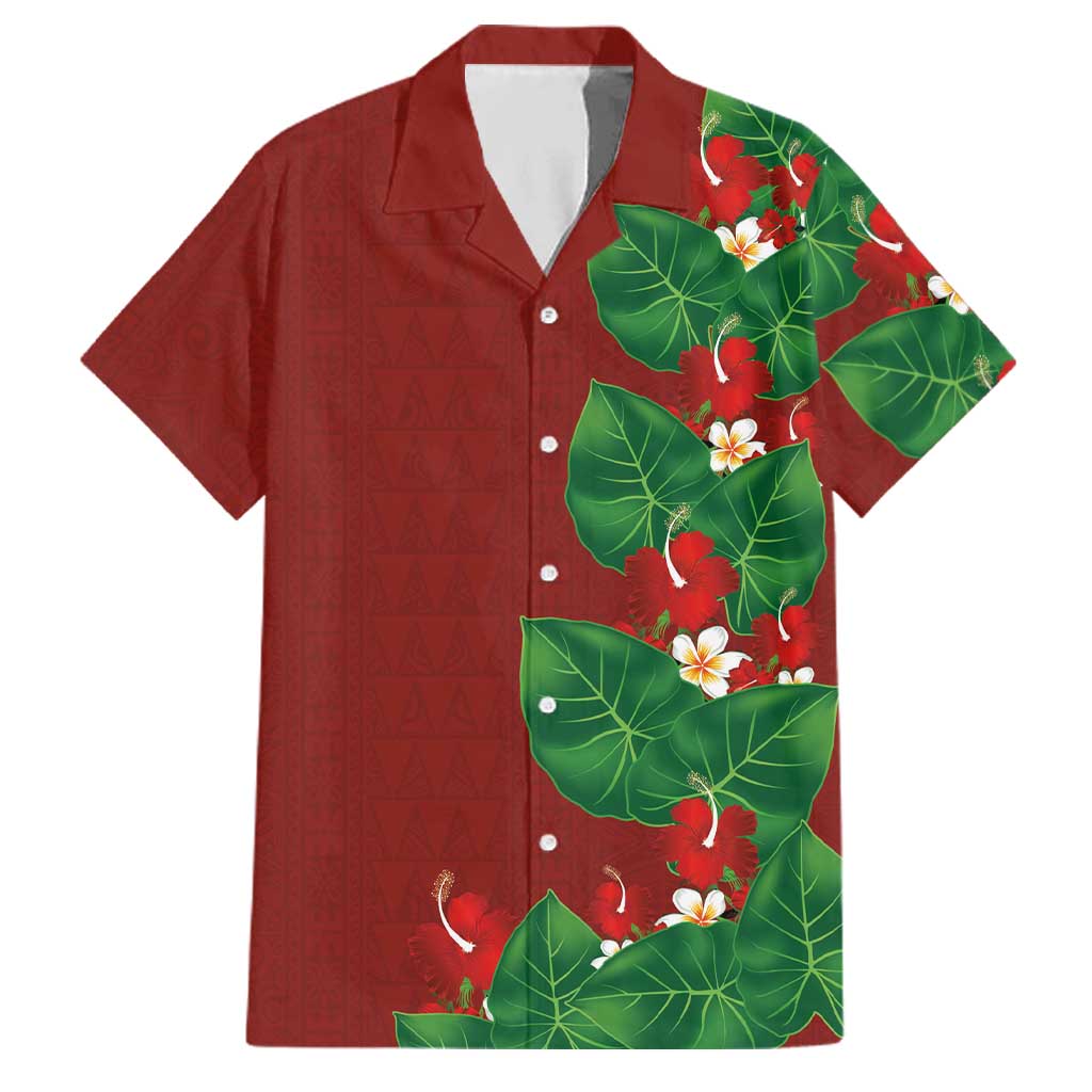 Hawaiian Taro Leaves-Hibiscus and Plumeria Family Matching Summer Maxi Dress and Hawaiian Shirt Polynesian Art-Kakau Tattoo Red LT03 Dad's Shirt - Short Sleeve Red - Polynesian Pride