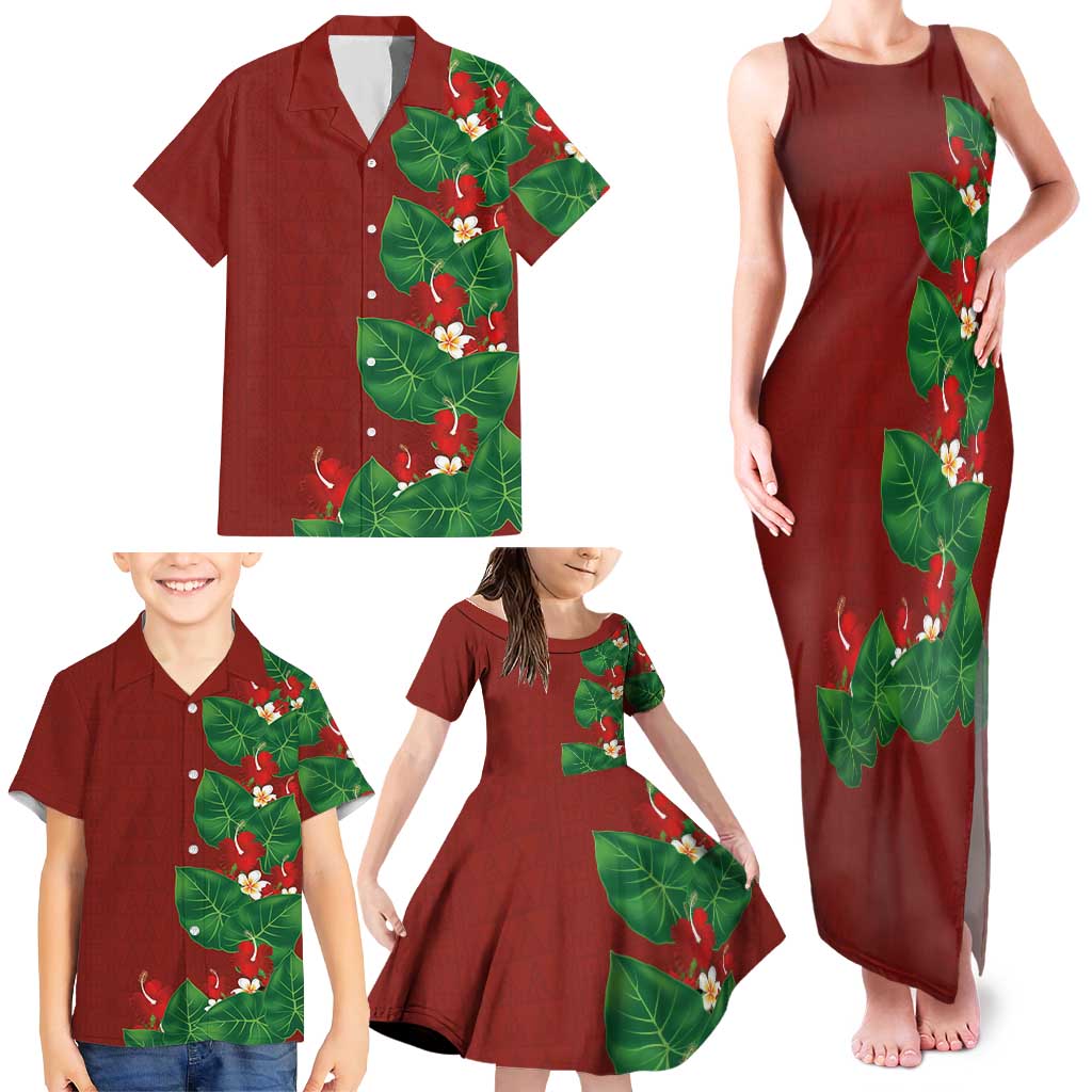 Hawaiian Taro Leaves-Hibiscus and Plumeria Family Matching Tank Maxi Dress and Hawaiian Shirt Polynesian Art-Kakau Tattoo Red LT03 - Polynesian Pride