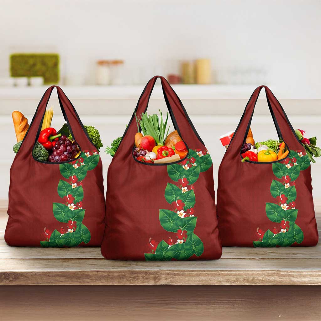 Hawaiian Taro Leaves-Hibiscus and Plumeria Grocery Bag Polynesian Art-Kakau Tattoo Red