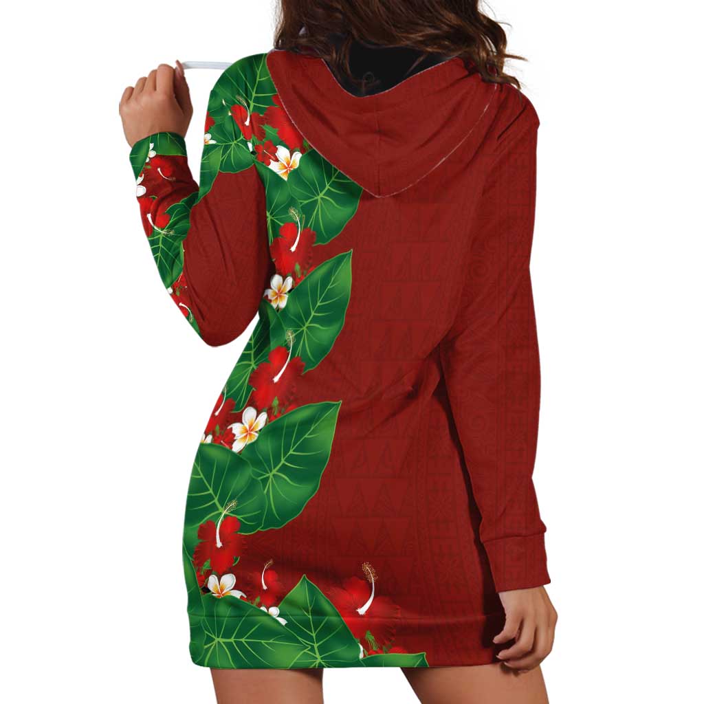 Hawaiian Taro Leaves-Hibiscus and Plumeria Hoodie Dress Polynesian Art-Kakau Tattoo Red LT03 - Polynesian Pride