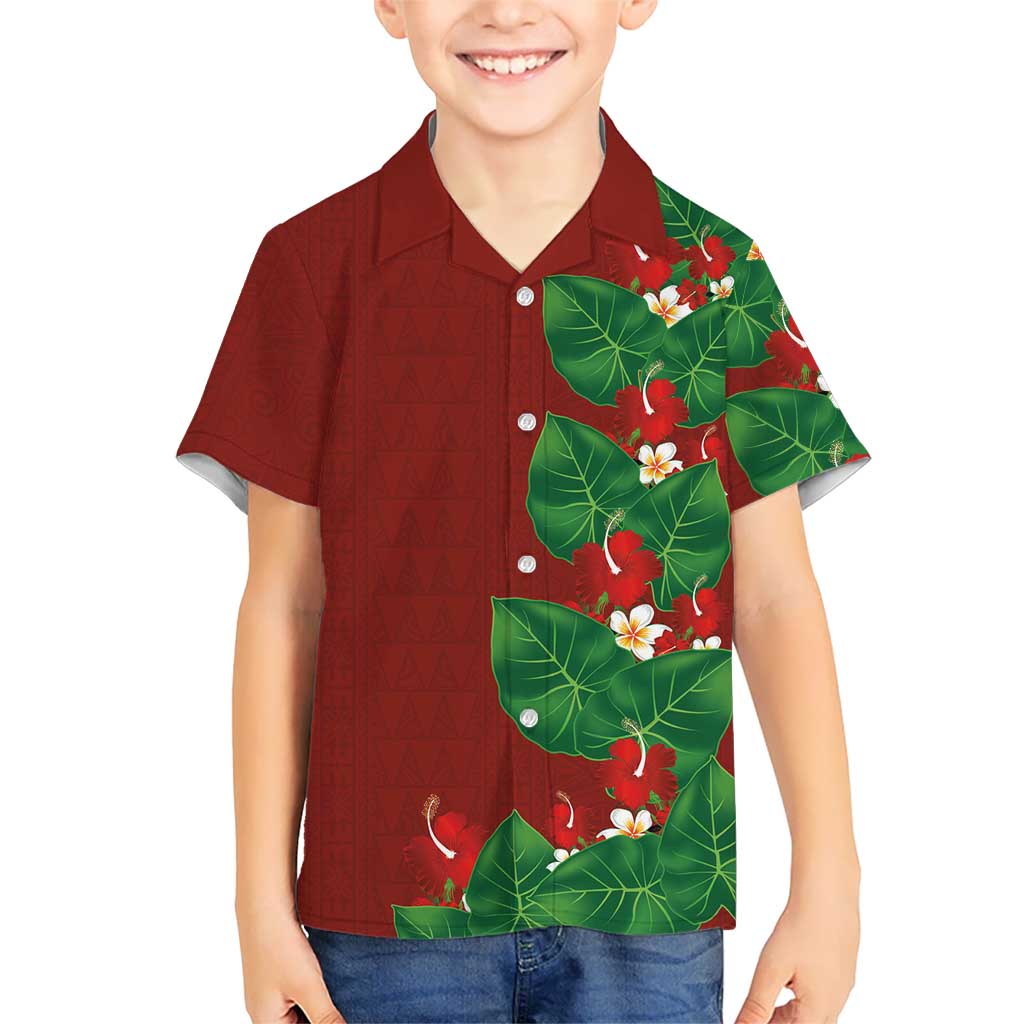Hawaiian Taro Leaves-Hibiscus and Plumeria Kid Hawaiian Shirt Polynesian Art-Kakau Tattoo Red