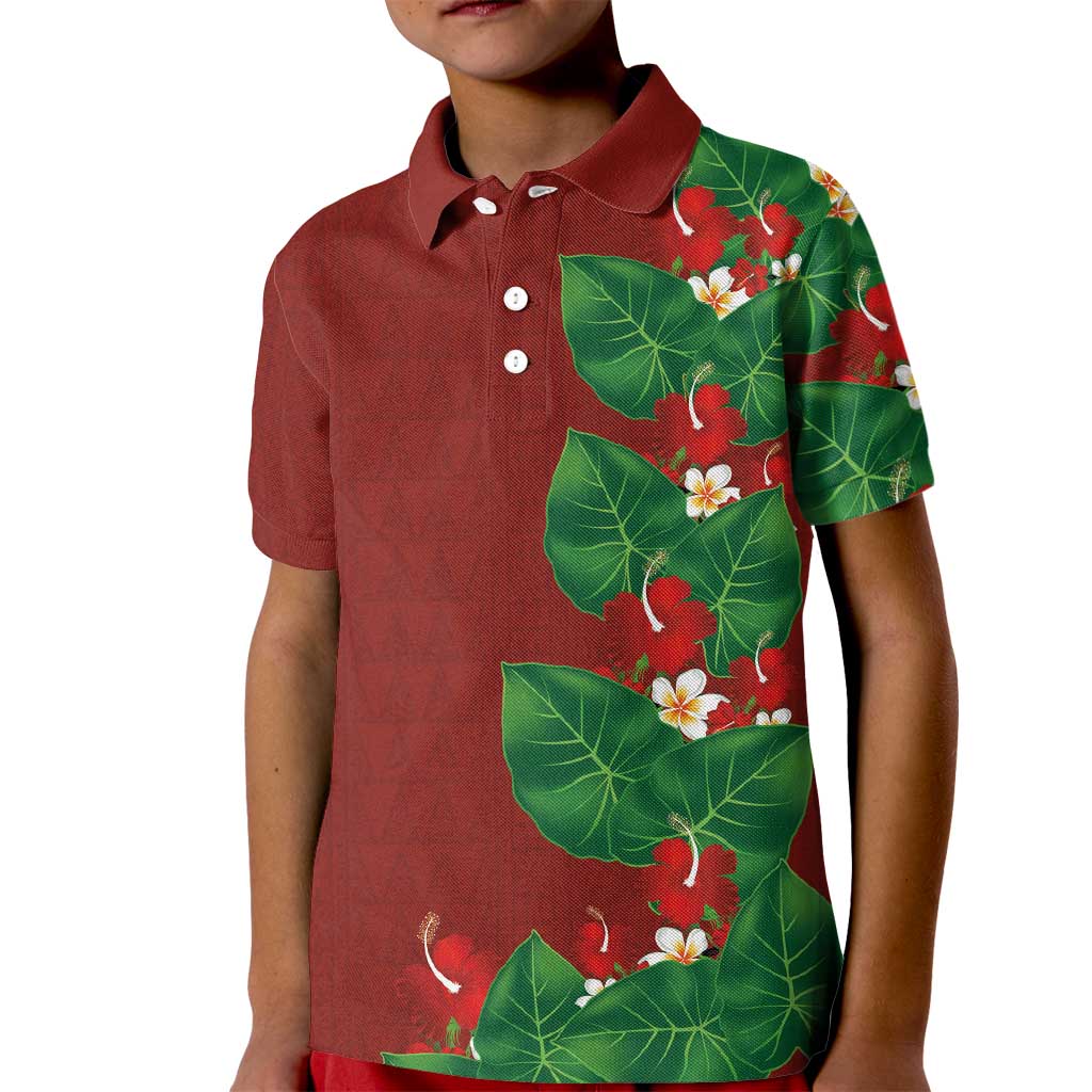 Hawaiian Taro Leaves-Hibiscus and Plumeria Kid Polo Shirt Polynesian Art-Kakau Tattoo Red