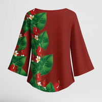 Hawaiian Taro Leaves-Hibiscus and Plumeria Kimono Sleeve Blouse Polynesian Art-Kakau Tattoo Red