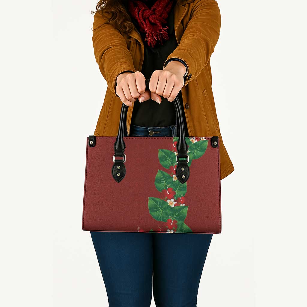Hawaiian Taro Leaves-Hibiscus and Plumeria Leather Bag Polynesian Art-Kakau Tattoo Red