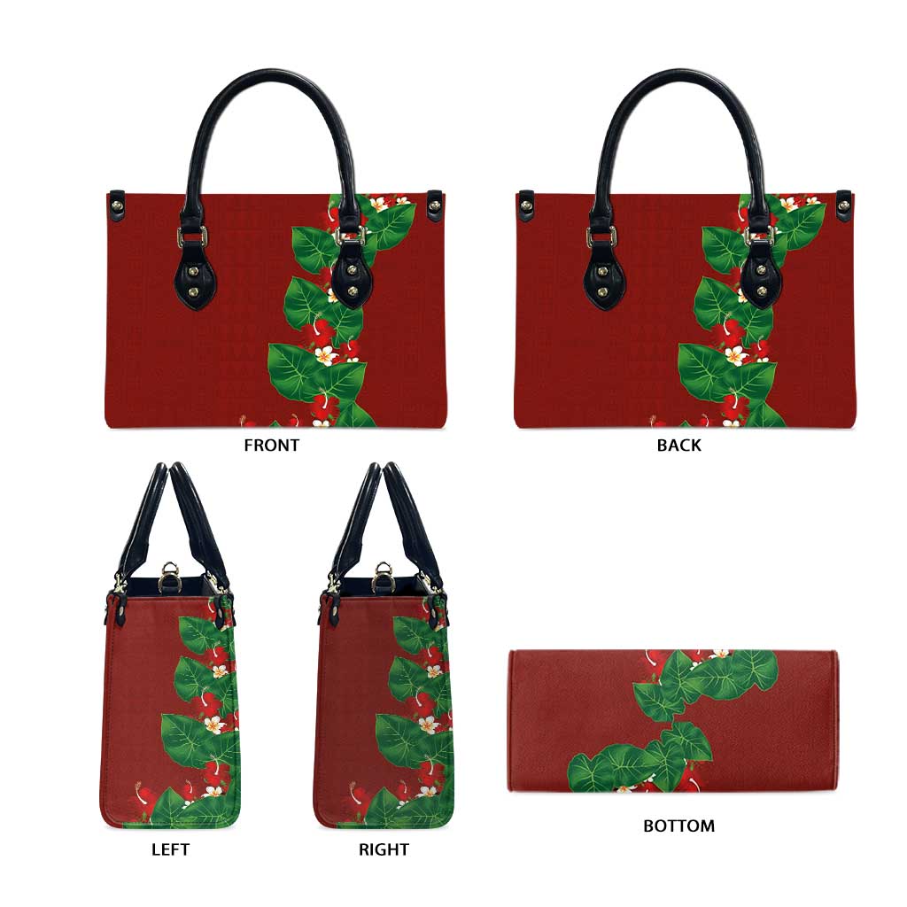 Hawaiian Taro Leaves-Hibiscus and Plumeria Leather Bag Polynesian Art-Kakau Tattoo Red