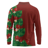 Hawaiian Taro Leaves-Hibiscus and Plumeria Long Sleeve Polo Shirt Polynesian Art-Kakau Tattoo Red LT03 - Polynesian Pride