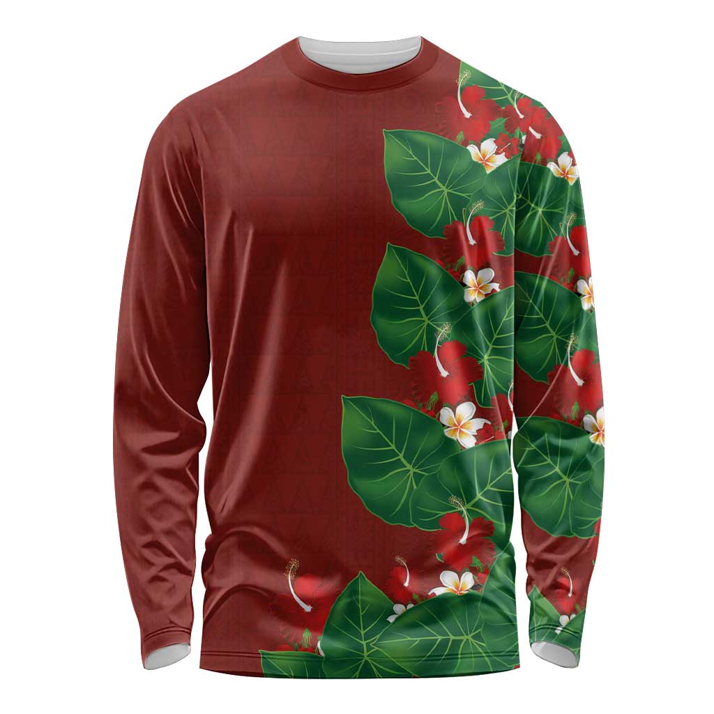 Hawaiian Taro Leaves-Hibiscus and Plumeria Long Sleeve Shirt Polynesian Art-Kakau Tattoo Red