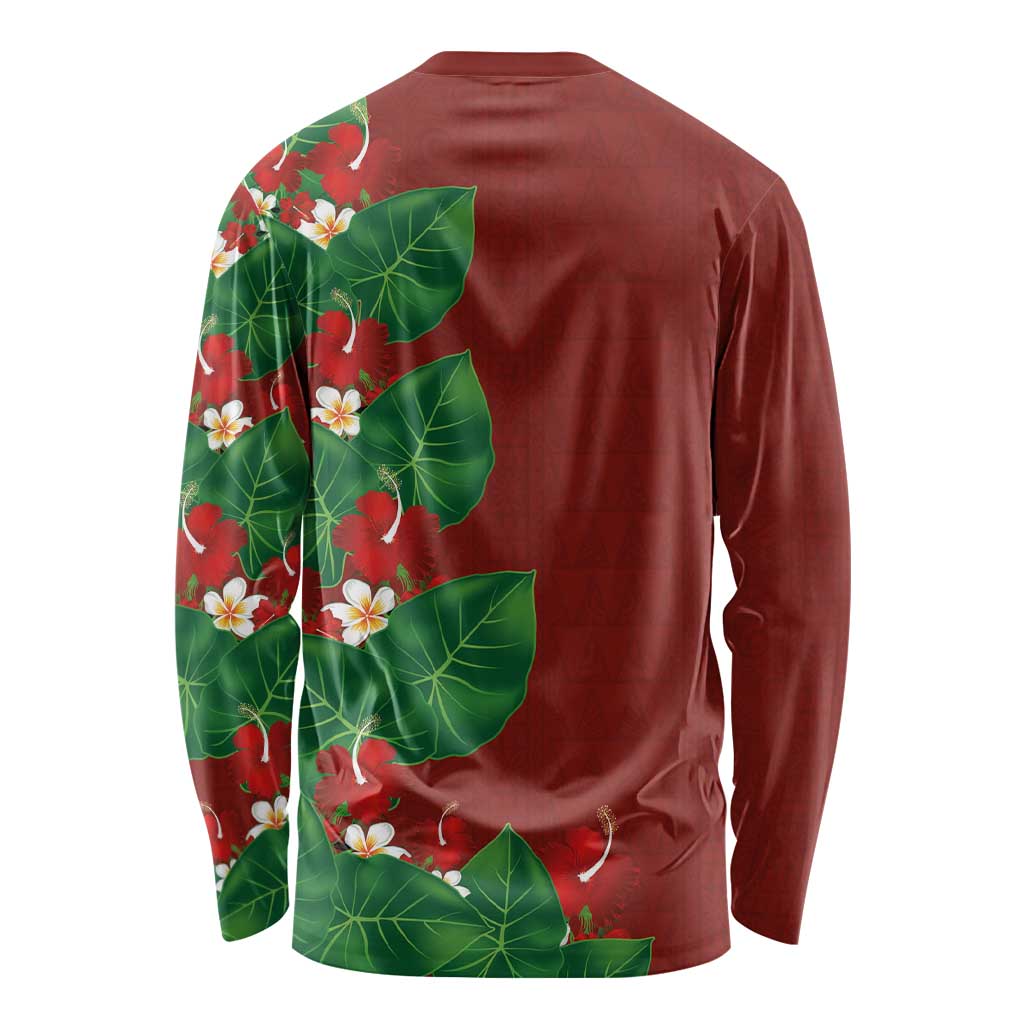 Hawaiian Taro Leaves-Hibiscus and Plumeria Long Sleeve Shirt Polynesian Art-Kakau Tattoo Red