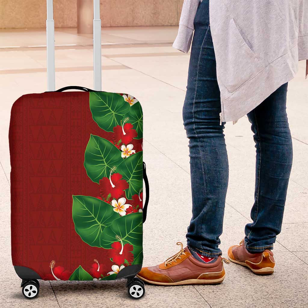 Hawaiian Taro Leaves-Hibiscus and Plumeria Luggage Cover Polynesian Art-Kakau Tattoo Red LT03 Red - Polynesian Pride