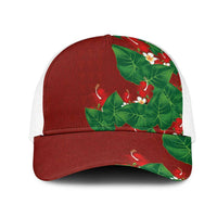 Hawaiian Taro Leaves-Hibiscus and Plumeria Mesh Trucker Cap Polynesian Art-Kakau Tattoo Red