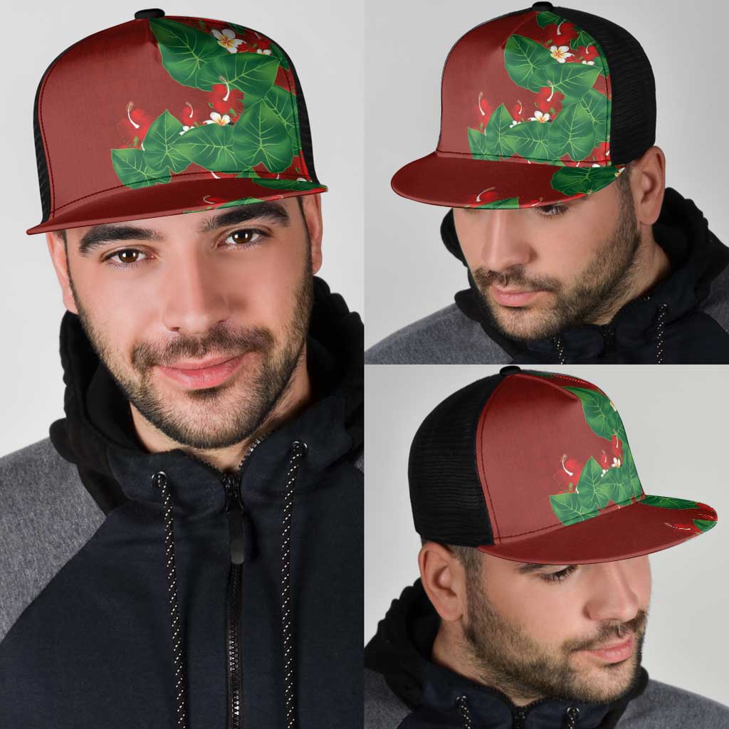 Hawaiian Taro Leaves-Hibiscus and Plumeria Mesh Trucker Cap Polynesian Art-Kakau Tattoo Red