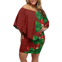 Hawaiian Taro Leaves-Hibiscus and Plumeria Off Shoulder Short Dress Polynesian Art-Kakau Tattoo Red LT03 Women Red - Polynesian Pride