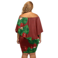 Hawaiian Taro Leaves-Hibiscus and Plumeria Off Shoulder Short Dress Polynesian Art-Kakau Tattoo Red LT03 - Polynesian Pride