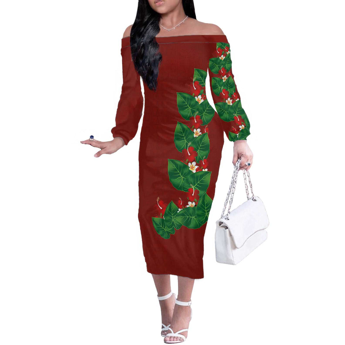 Hawaiian Taro Leaves-Hibiscus and Plumeria Off The Shoulder Long Sleeve Dress Polynesian Art-Kakau Tattoo Red LT03 Women Red - Polynesian Pride
