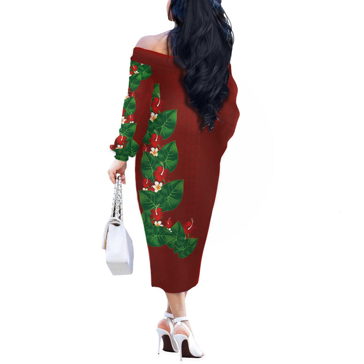 Hawaiian Taro Leaves-Hibiscus and Plumeria Off The Shoulder Long Sleeve Dress Polynesian Art-Kakau Tattoo Red LT03 - Polynesian Pride