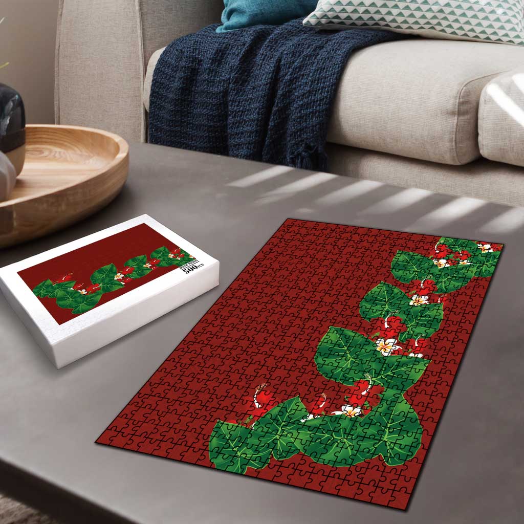 Hawaiian Taro Leaves-Hibiscus and Plumeria Puzzle Polynesian Art-Kakau Tattoo Red