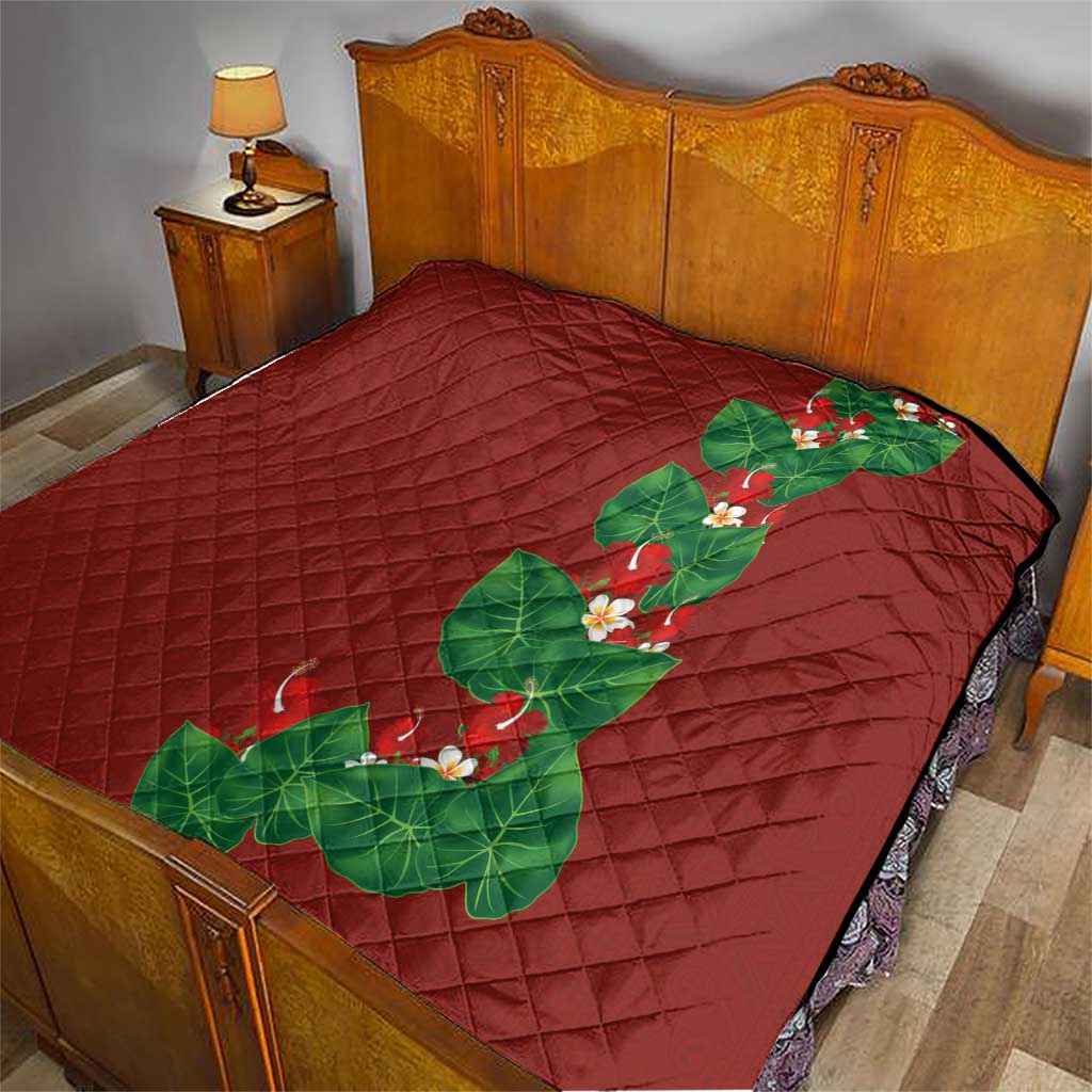 Hawaiian Taro Leaves-Hibiscus and Plumeria Quilt Polynesian Art-Kakau Tattoo Red