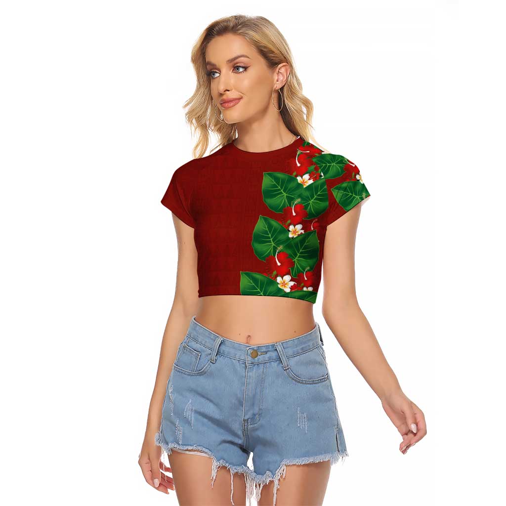 Hawaiian Taro Leaves-Hibiscus and Plumeria Raglan Cropped T Shirt Polynesian Art-Kakau Tattoo Red LT03 Female Red - Polynesian Pride