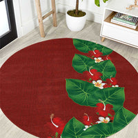 Hawaiian Taro Leaves-Hibiscus and Plumeria Round Carpet Polynesian Art-Kakau Tattoo Red