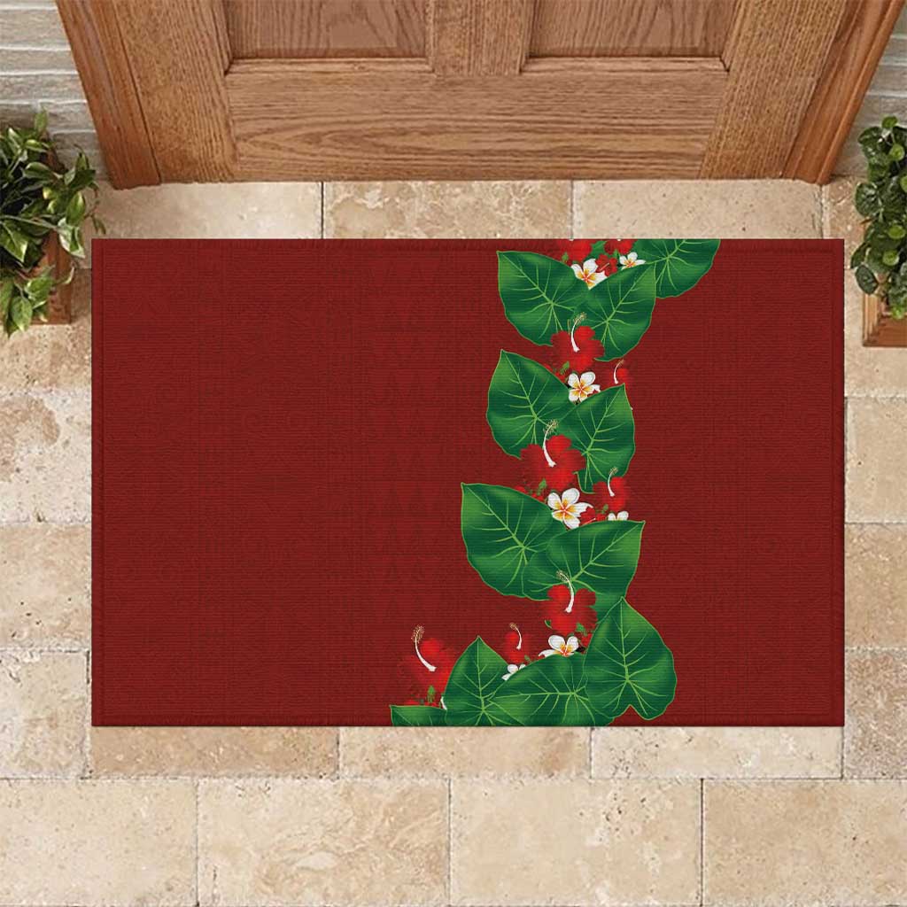 Hawaiian Taro Leaves-Hibiscus and Plumeria Rubber Doormat Polynesian Art-Kakau Tattoo Red