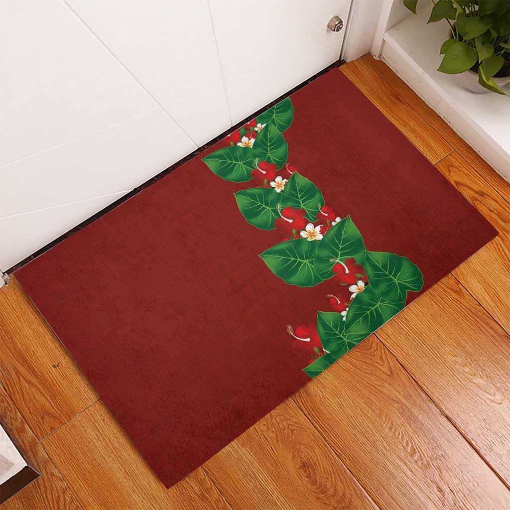 Hawaiian Taro Leaves-Hibiscus and Plumeria Rubber Doormat Polynesian Art-Kakau Tattoo Red