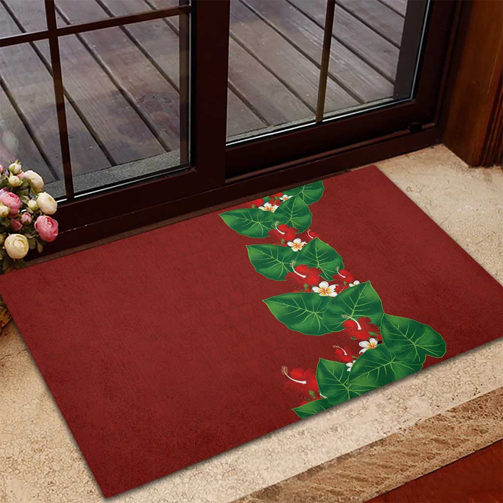 Hawaiian Taro Leaves-Hibiscus and Plumeria Rubber Doormat Polynesian Art-Kakau Tattoo Red