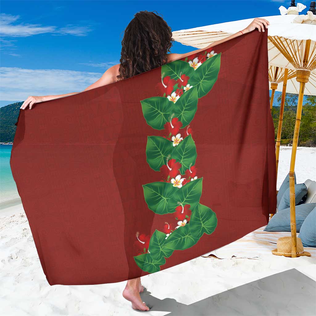 Hawaiian Taro Leaves-Hibiscus and Plumeria Sarong Polynesian Art-Kakau Tattoo Red