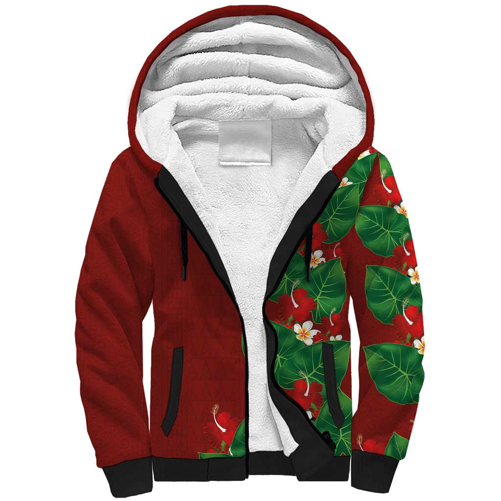 Hawaiian Taro Leaves-Hibiscus and Plumeria Sherpa Hoodie Polynesian Art-Kakau Tattoo Red LT03 Unisex Red - Polynesian Pride
